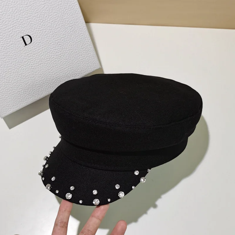 

Fashion Wool Sailor Hats For Women Winter Military Hat European Rhinestone Black Navy Cap Casual Ladies Beret Hat Tide