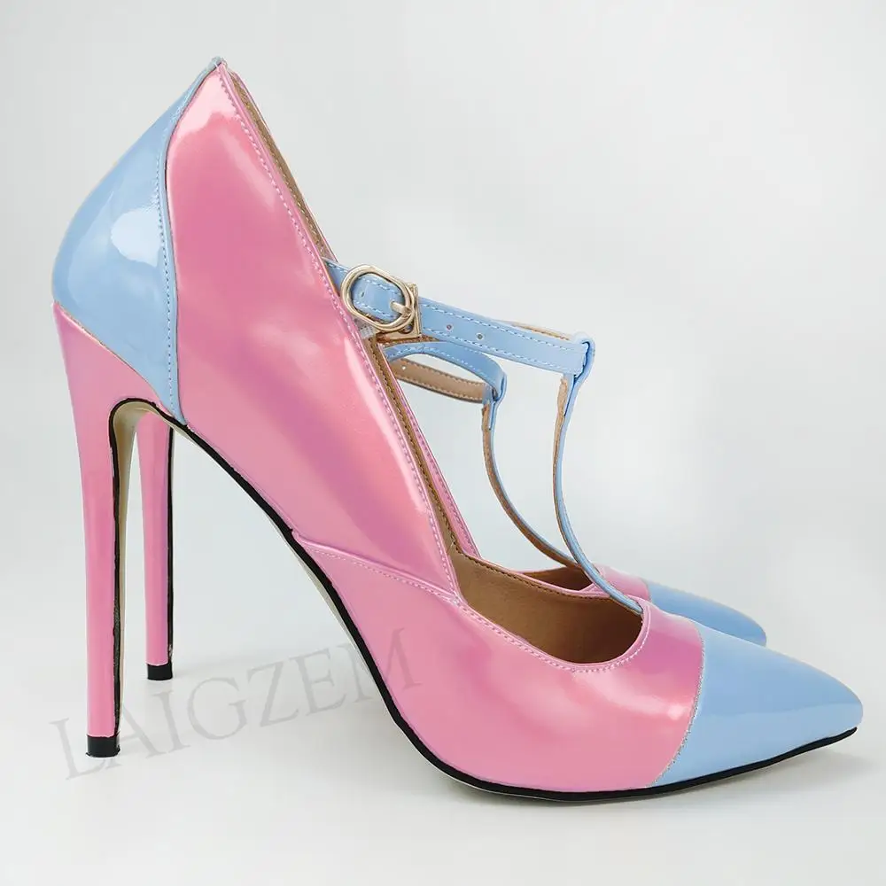 Женские туфли с Т образным ремешком LAIGZEM лоскутные лодочки на высоком каблуке