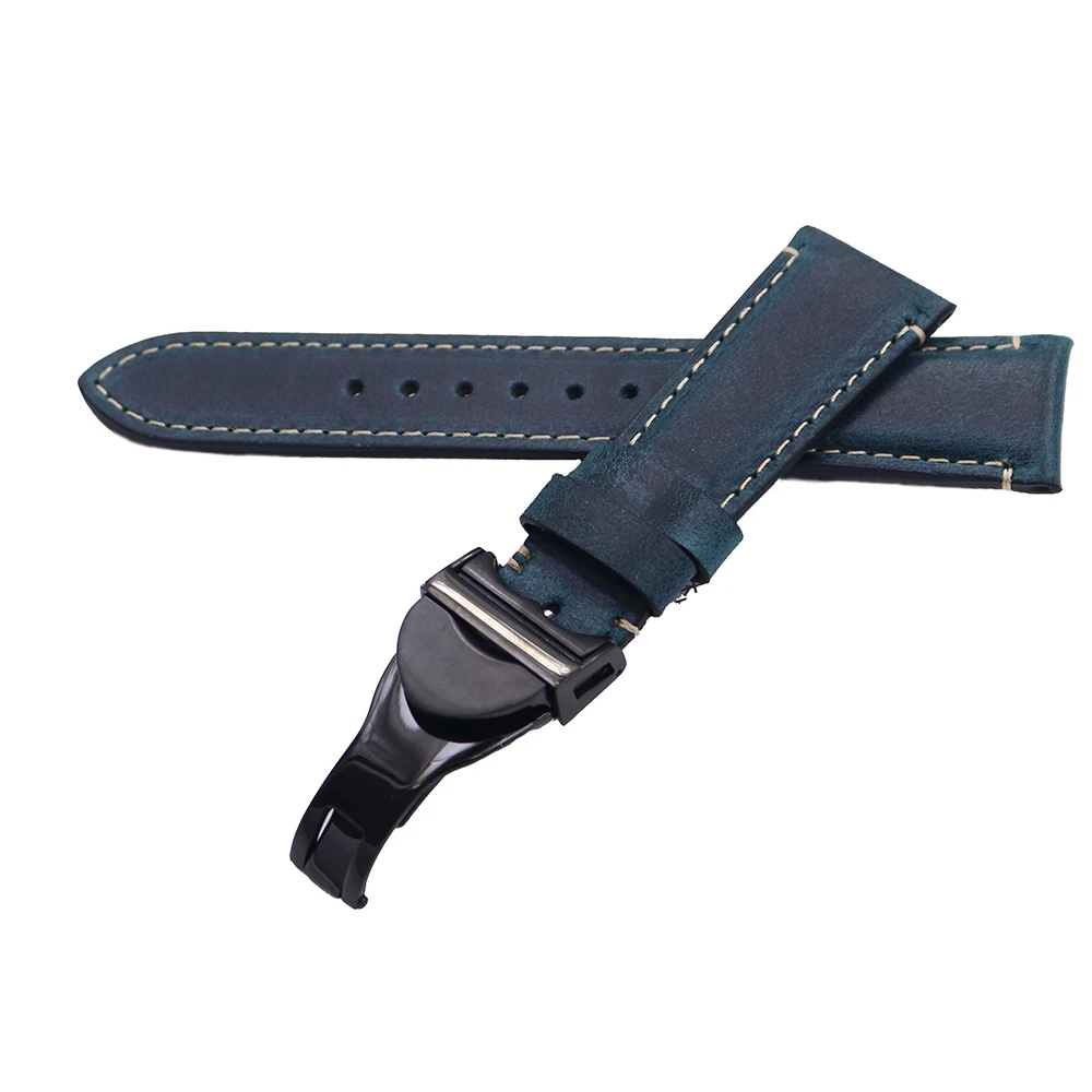 Rolamy Wholesale 22mm Vintage Blue Genuine Leather Replacement Wrist Watchband Strap Belt Loops Band Bracelets For IWC Tudor