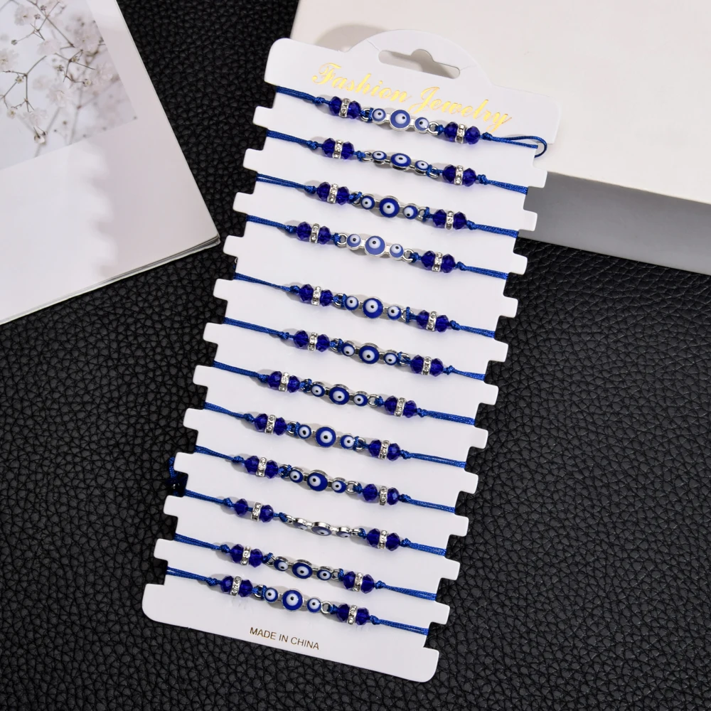 Couples Women 12pcs/Sets Blue Turkish Evil Eye Charms Bracelets Crystal Bead Adjustable Rope Chain Anklets Child Girl Jewelry images - 6