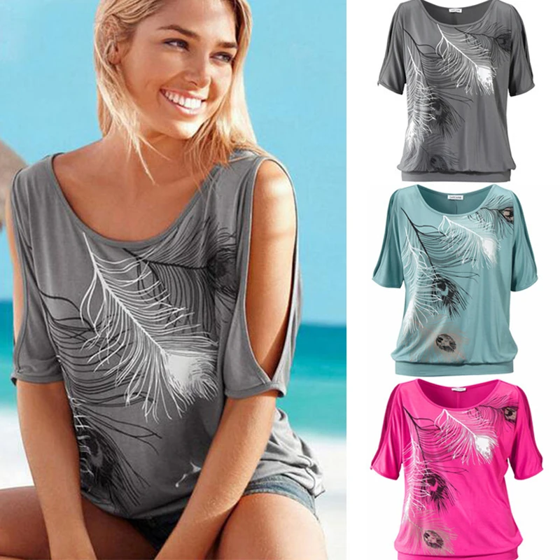 

Slit Sleeve Cold Shoulder Feather Print Women Casual Summer T Shirt Girl 2019 Tee Tshirt Loose Top T-Shirt