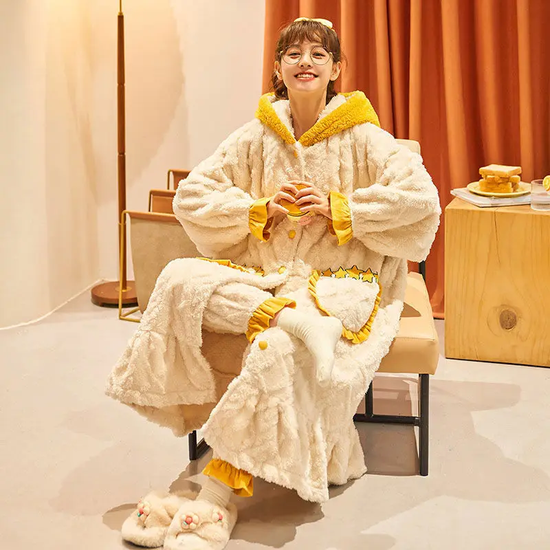 

Hooded 2PCS Bathrobe Set Casual Home Clothing Twinset Coral Fleece Homewear Winter New Kimono Gown Cartoon Intimate Lingerie