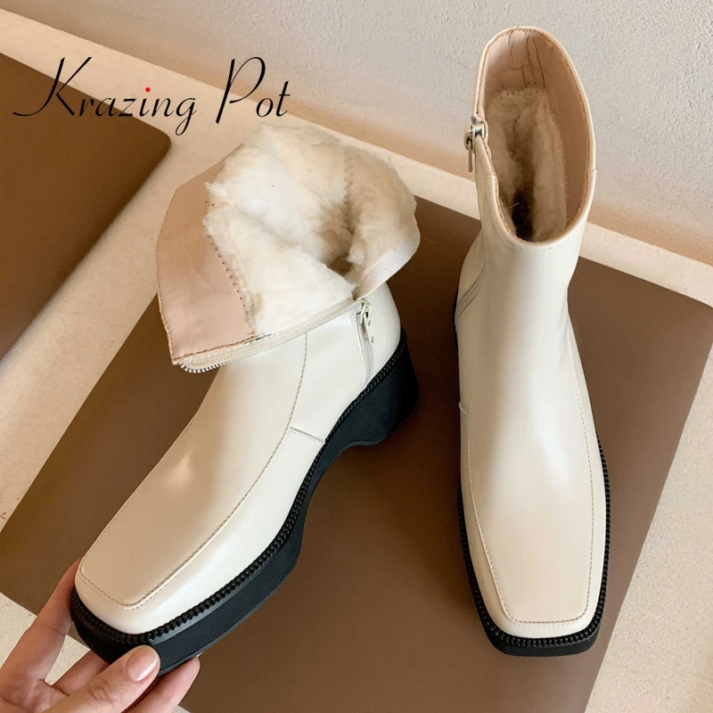 

krazing pot genuine leather square toe thick bottom snow boots Korean street pretty girls dating winter basic ankle boots L27