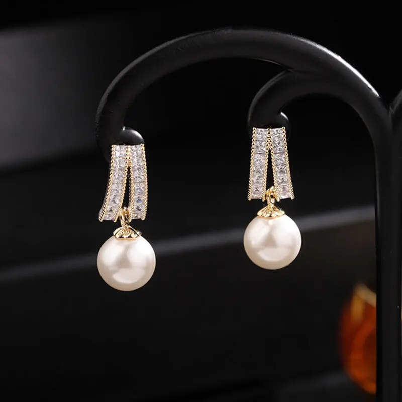 

HUAMI Drop Earrings Pearl French Simple Inlay Zircon S925 Silver Needle Fine Jewelry Bijoux Femme Shine Earrings for Women Gift