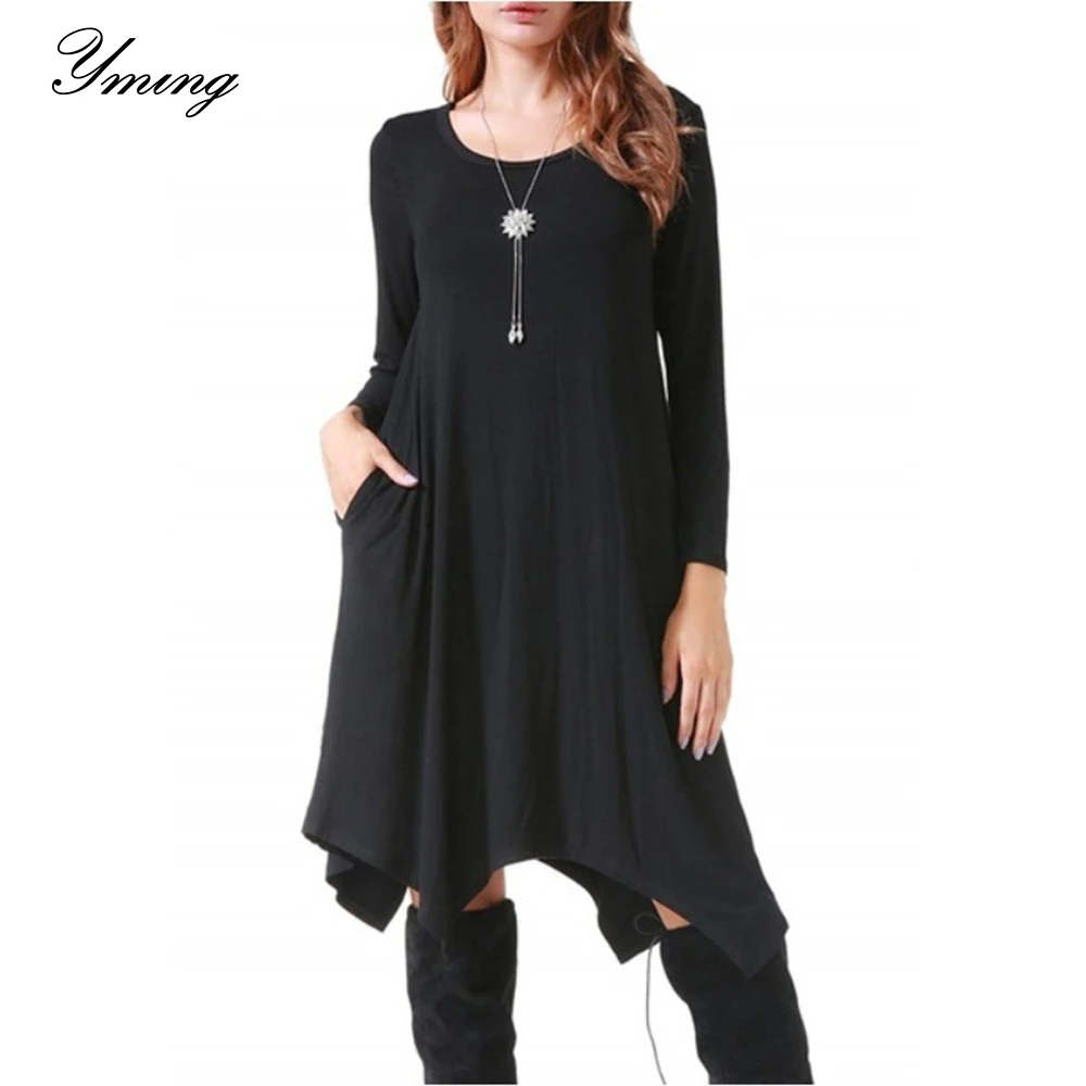 Женское трикотажное платье с длинным рукавом круглым вырезом и карманами |