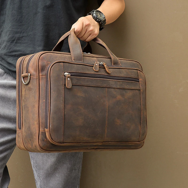 

MAHEU Top Qaulity Brand Briefcase Bag For Men Male Business Bag Vintage Designer Handbag Laptop Briefcase Crazy Horse Leather