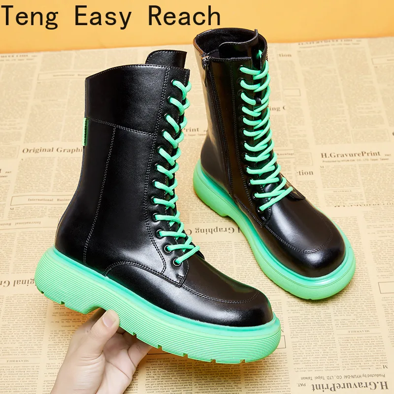 

Fashion Ins Mid-Calf Boots Women Platform Genuine Leather Cowboy Boots Lace-up Zipper Motorcycle Boots Autumn Winter Shoes Woman