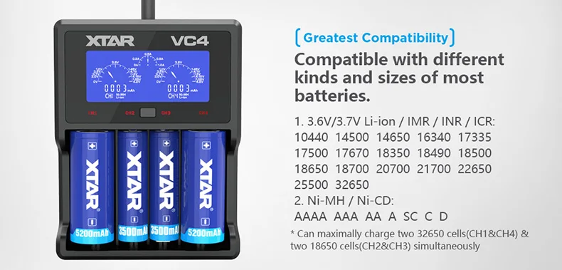 XTAR VC4 Батарея Зарядное устройство ЖК-дисплей USB Зарядное устройство для 10440/14500/18350/17500/18500/18700/21700/20700/18650 Re Зарядное устройство может Батарея Зарядное устройство