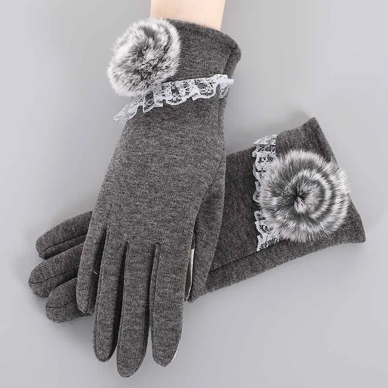 Lace Grey--Velvet Зимние женские перчатки, ручные варежки для женщин, шерстяные женские вязаные кашемировые наручные перчатки Luva, перчатки для вождения автомобиля, перчатки для сенсорного экрана - Цвет: Lace Grey--Velvet