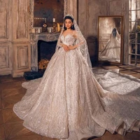 luxury dubai shiny wedding dress 2021 lace sequins sheer long sleeve bridal gowns with matching veil vestido de novia