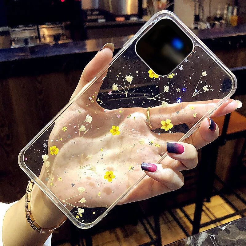 

Fashion Real Dry Flower Phone Case For iPhone 11 Pro XS MAX X XR 7 8 Plus SE 2020 Bling Glitter Floral Clear Soft Silicone Cover
