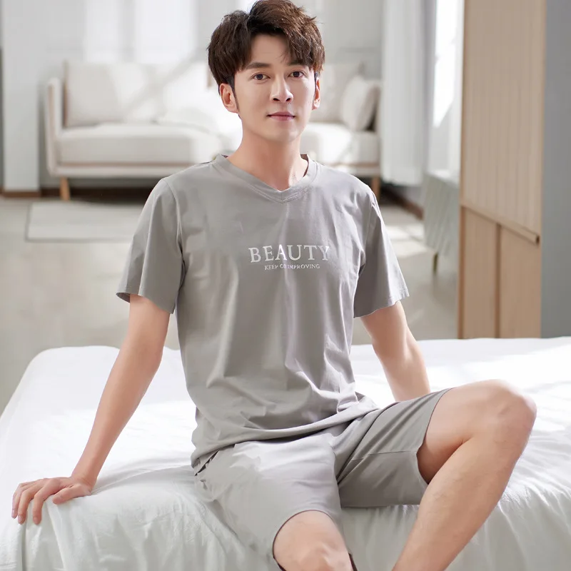 

New Style Hot Sale Men Modal Pajamas Set Short Sleeve Top Shorts Home Service Gray Loose Casual Soft Sleepwear Summer Breathable