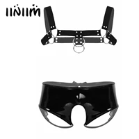 mens patent leather open crotch hot sexy lingerie set elastic wide shoulder chest muscle harness belt with crotchless briefs