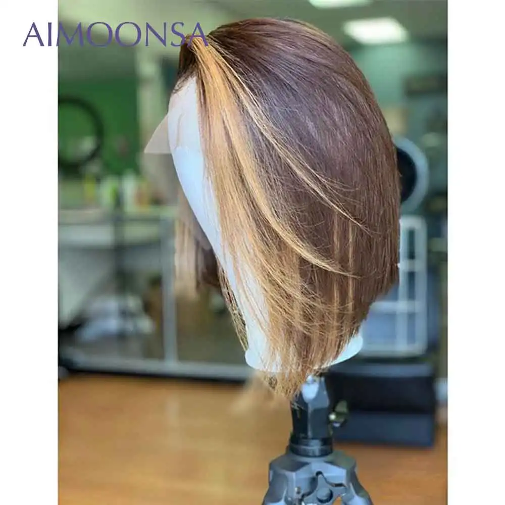 

Honey Blonde Wig Short Wigs Bob Ombre Straight Lace Front Wig Preplucked And Bleached Knots Lace Wig Human Hair T Part 130% Remy