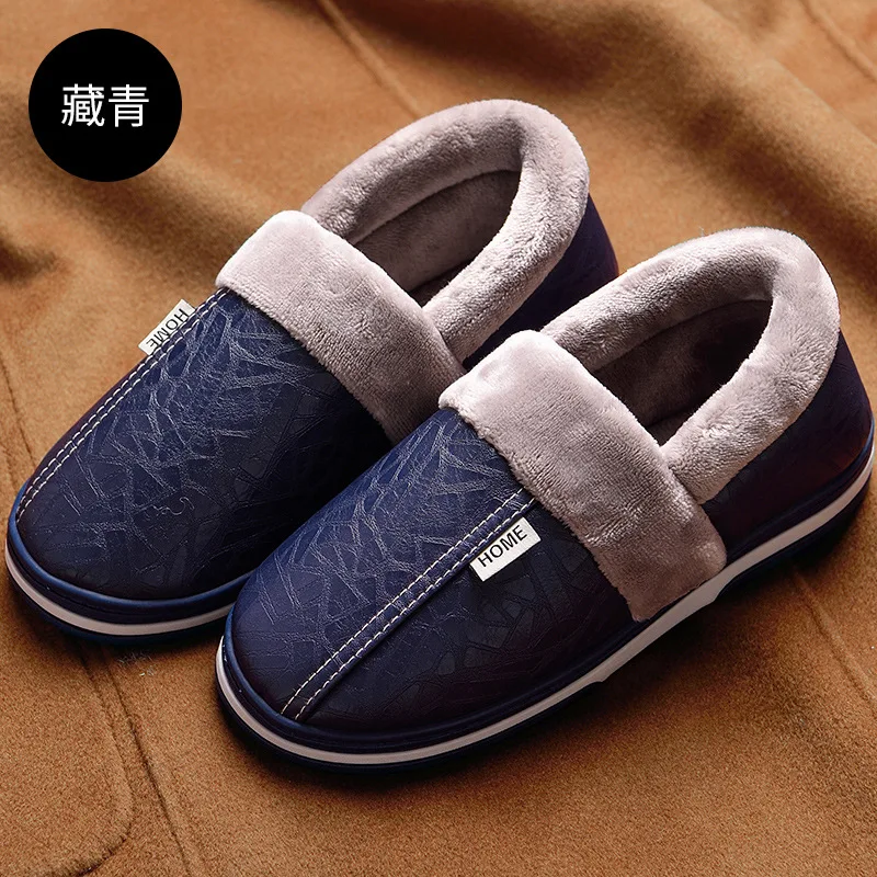 blue full Женские тапочки; кожаные зимние домашние тапочки с мехом; водонепроницаемые женские теплые плюшевые тапочки; pantoufle femme; размера плюс - Цвет: blue full