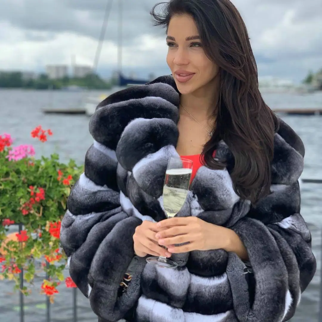 Long Real Rex Rabbit Fur Coat Chinchilla Color Natural Women Whole Skin Genuine Rex Rabbit Fur Overcoat Luxury Fur Coats Female