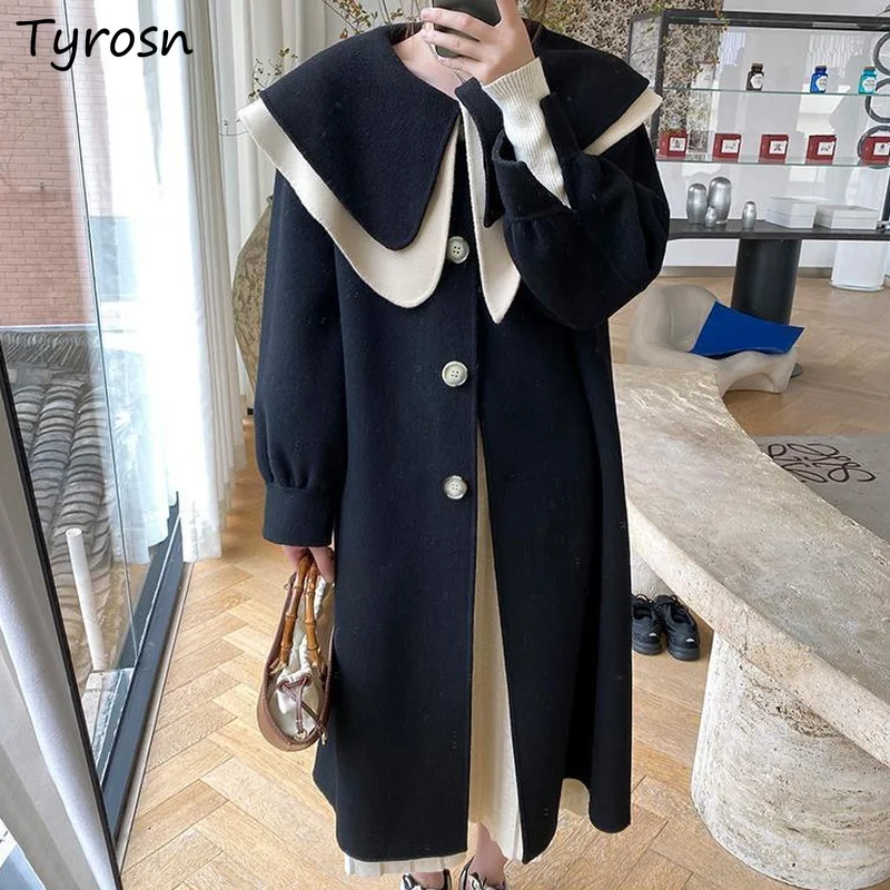 

Wool Blends Women Black Panalled Sailor Collar Woolen Coat High Street Preppy Style Single Breasted Thicker Jackets Winter Woman