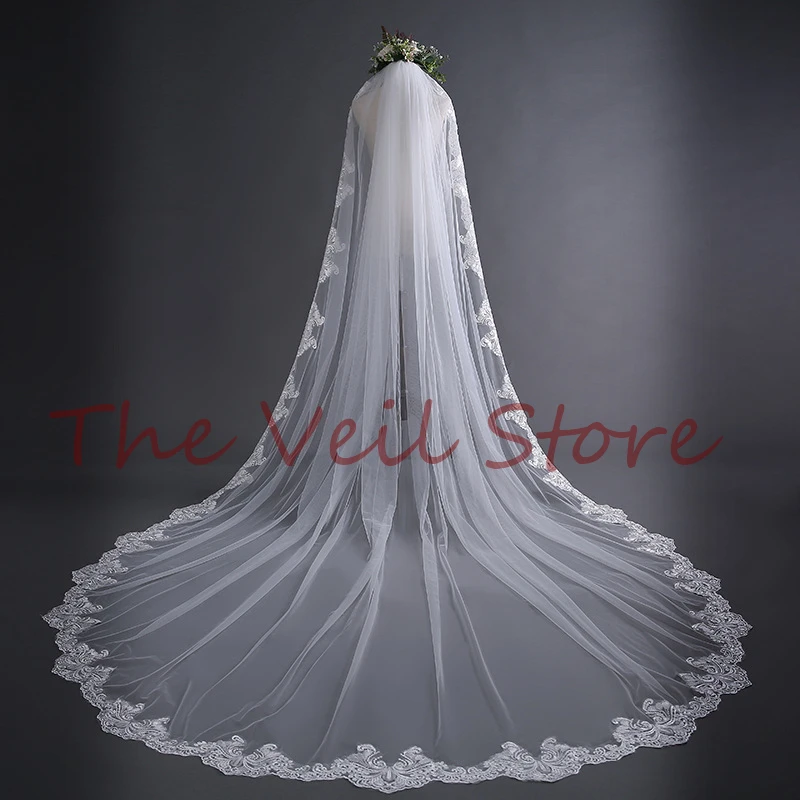 Реальные фотографии 3 4 5 метров длинная кружевная свадебная вуаль один слой белый