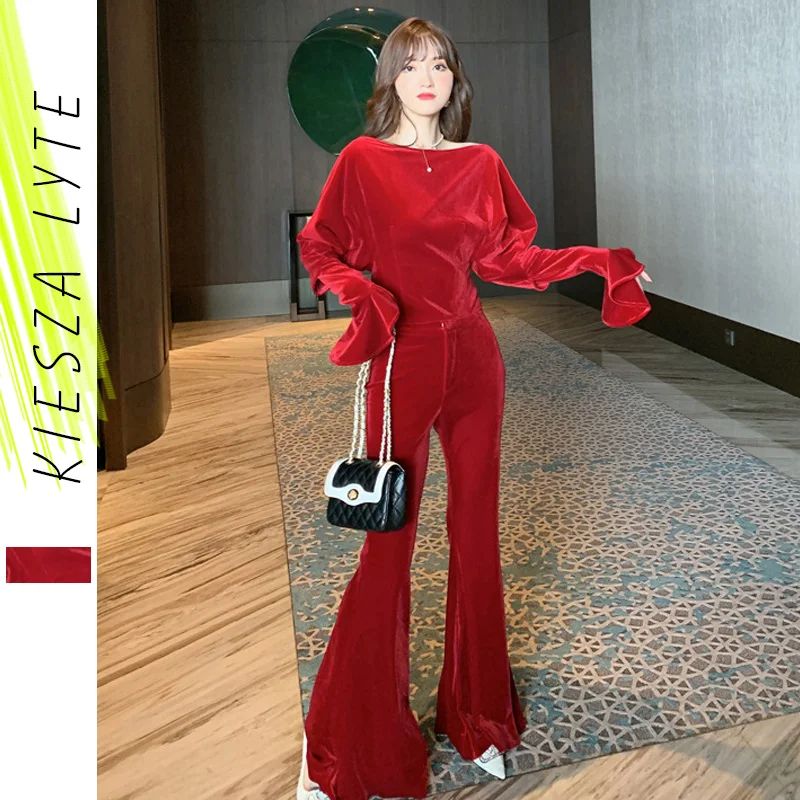 

Fashion Two -Pieces Suit Sets Women Flared Sleeve Crop Top Wide Leg Trousers Pants Bodycon Fitness Velvet Tracksuits Set Casual