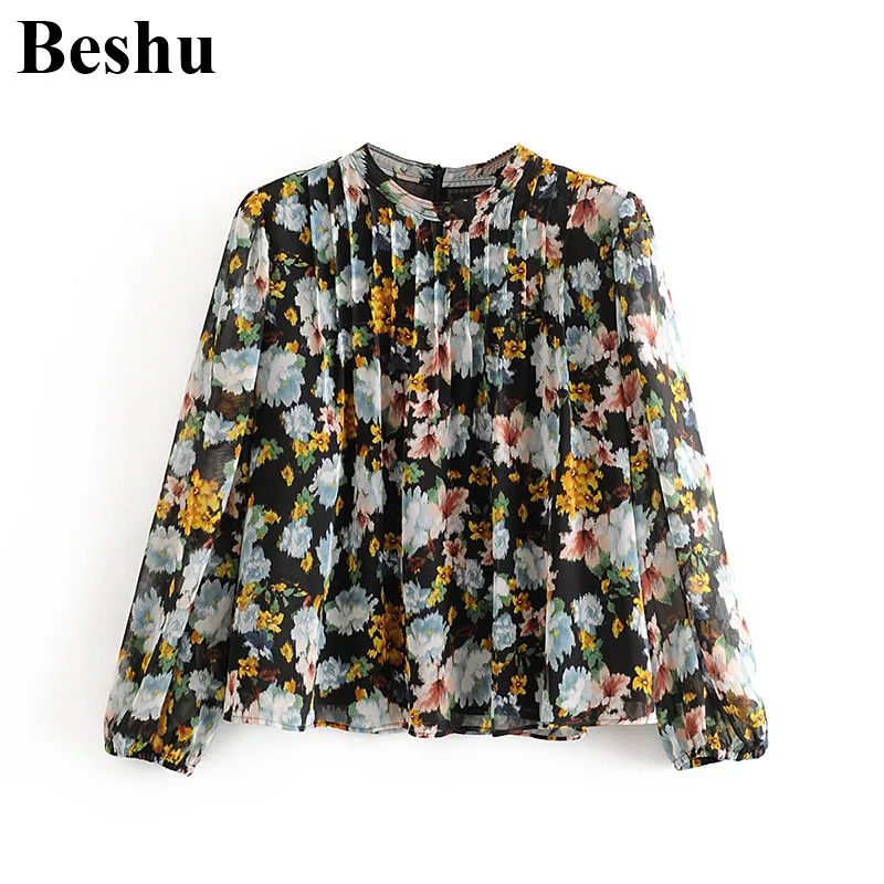 Za 2020 модная женская блузка с принтом винтажная шифоновая со складками круглым