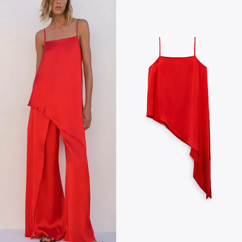 

Summer Asymmetrical Red Satin Tops Women Za 2021 Sexy Straps Backless Camis Fashion Side Slit Asymmmettrical Hem Club Woman Top