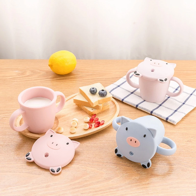

240ml Cartoon Pig Baby Silicone Water Cup with Double Handle Lid Straw Drinkware