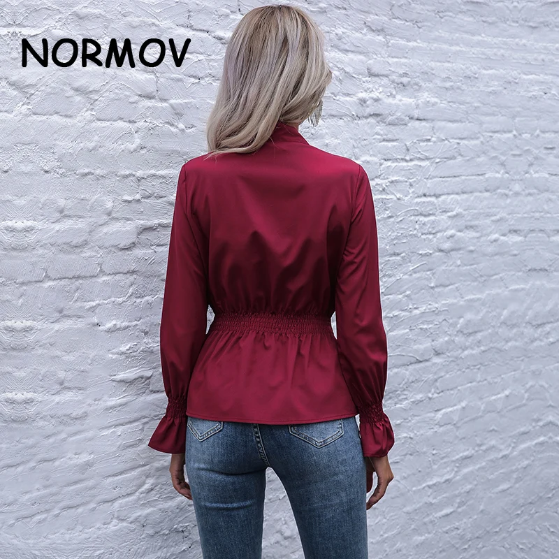 

NORMOV Bowknot Shirt For Women Scarf Collar Flare Long Sleeve Shirts Blouse Female 2021 Summer Fashion New Casual Pullover Tops