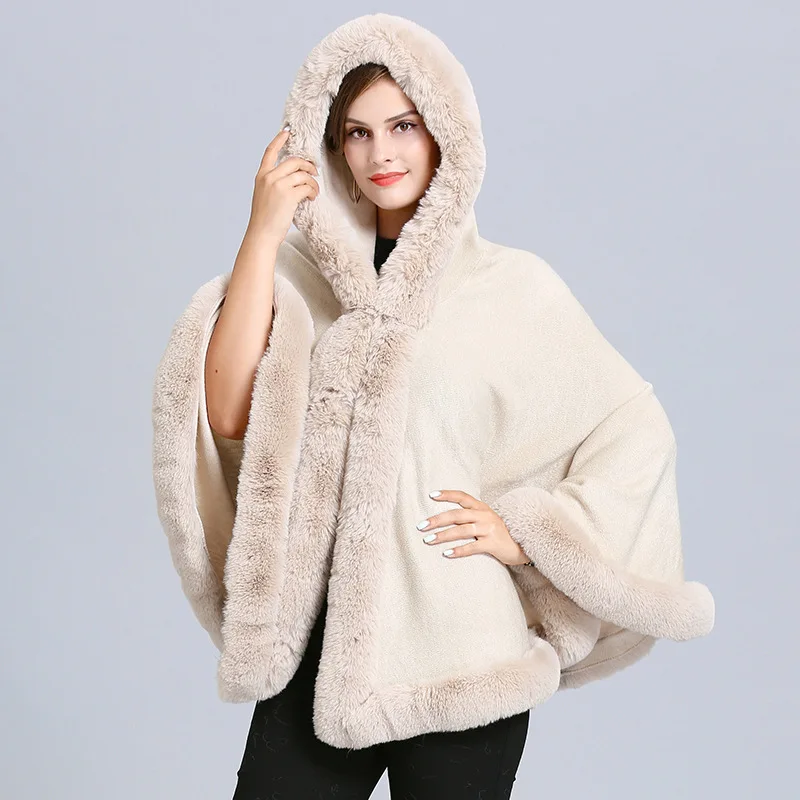 

High Quality Imitation Fox Fur Collar Hooded Cape Poncho Cashmere Knitted Cardigan Apricot Brown Shawl Cloak Coat For Women