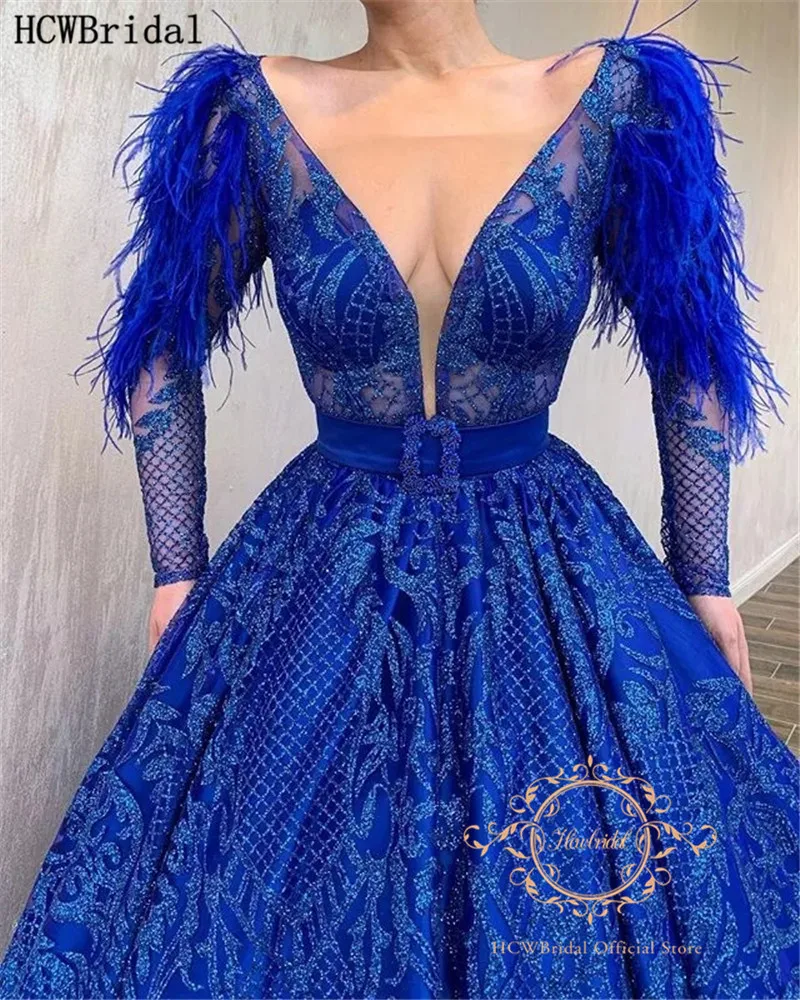 

Sparkly Royal Blue Saudi Arabia Evening Dress Long Sleeves Feathers Sashes Dubai Luxury Prom Gowns Abendkleider Customize