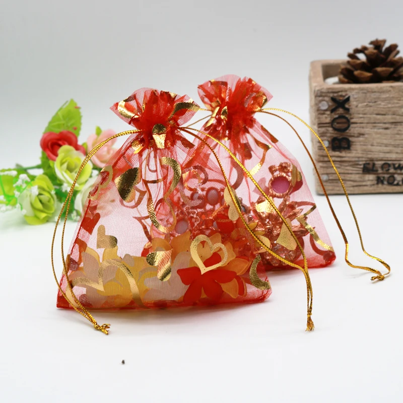 

Hot Red Color Mini Organza Packaging Bags 7x9cm 100pcs/lot Heart Printed Drawable Bags for Wedding Party Candy Gifts Storage Bag