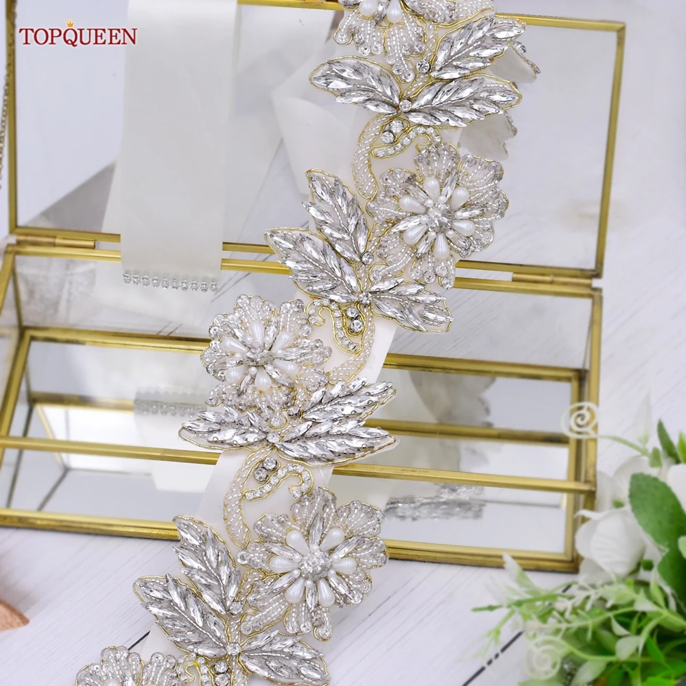 

TOPQUEEN S427 роскошный блестящий пояс для женщин, свадебный пояс с цветами, пояс с бусинами для платья, Длинные стразы, Свадебные ремни с листьями