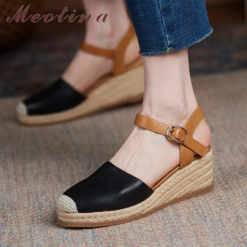 Meotina Shoes Women Real Leather Sandals Wedges High Heel Sandals Espadrille Buckle Shoes Round Toe Ladies Footwear Summer Black