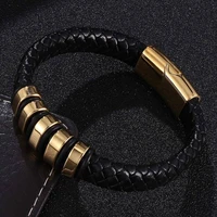 punk jewelry black leather braided bracelets men gold color stainless steel magnet clasp male wristband exquisite bangles sp0776