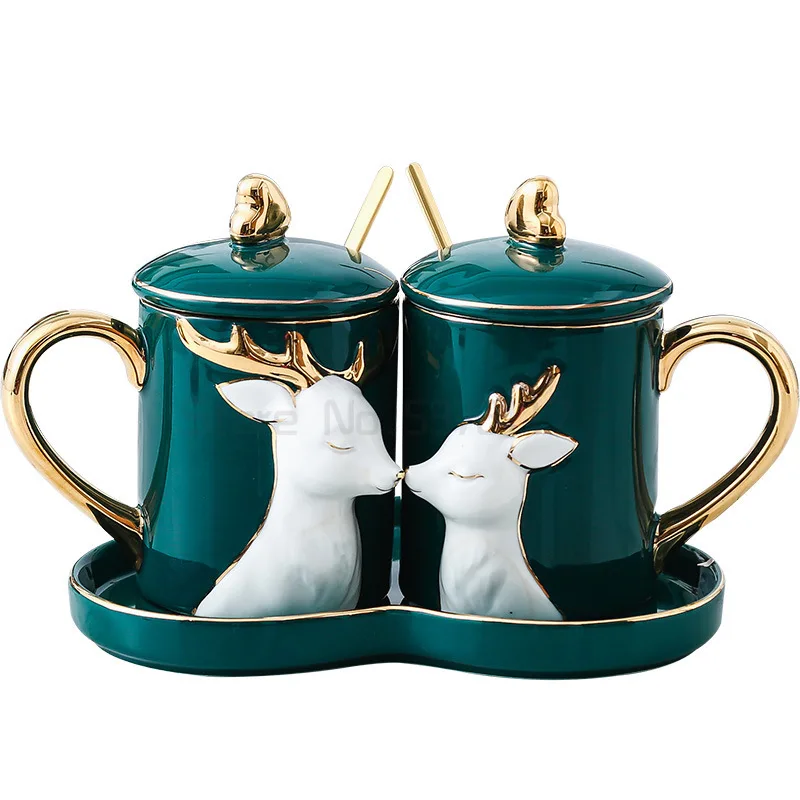 

Luxury Ceramic Coffee Mug with Spoon Personalised Deer Couple Milk Mug Wedding Gifts Creative Esspresso Cups Drinkware DA60MKB