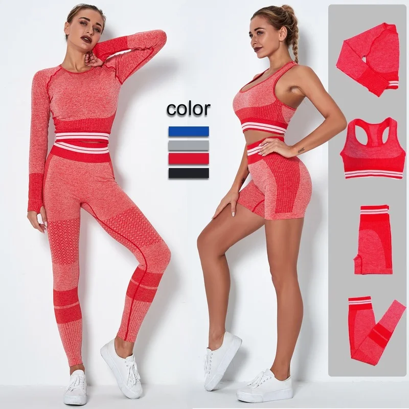 

2/4 Pcs Yoga Set Women Seamless Suit Workout Clothes Fitness Yoga Set Long Sleeve Shirts Sports Bra Leggings Running Shorts Set