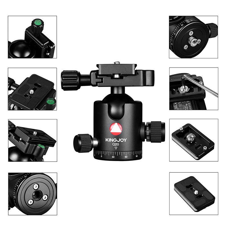 KINGJOY Official Q20 Tripod Head Ball Rotating Panoramic BallHead with plate 1/4" to 3/8" Screw for Monopod DSLR Camera |