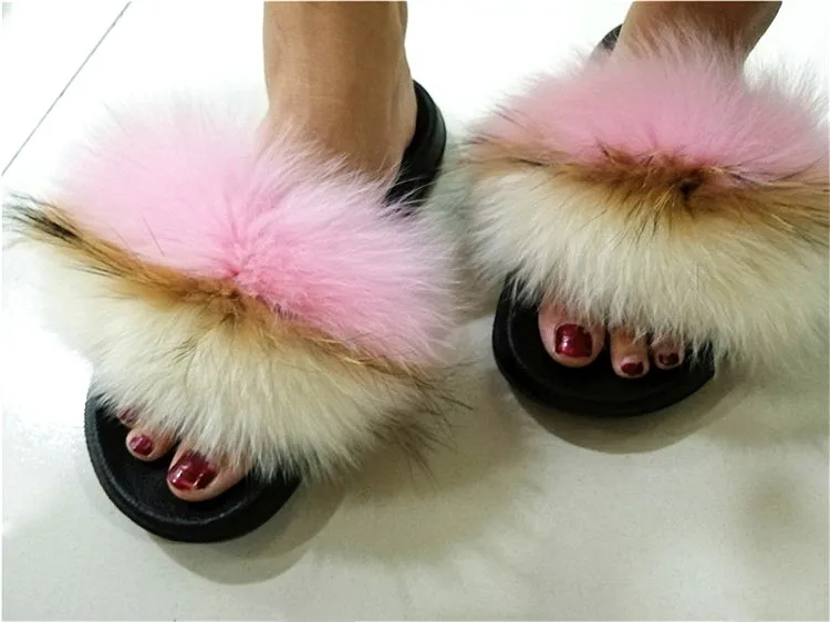 as pic shows 36 Women Fox Fur Slippers Real Fox Fur Slides Lovely Plush Slippers Woman Summer Home Sandals Women Fur Slides Furry Flip Flops Hot - Цвет: as pic shows 36