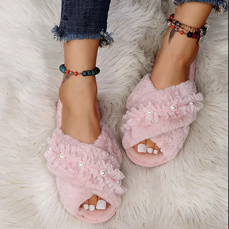 

Fashion Indoor Winter furry slippers woman shoes women sandals flip flops antiskid flat slides women crystal velvet
