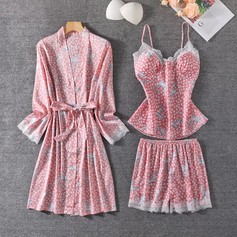 

Tulin Fashion Pink Print Pajamas Set Sexy Lace 3PCS Sleepwear Summer Femme Casual Pijamas Suit V-neck Kimono Gown Home Clothing