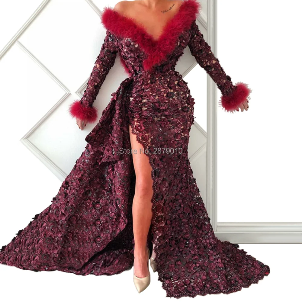 V-Neck Burgundy Sheath/Column Lace Long Evening Dress Appliques Full-length Prom The Skirt Split Formal Custom Zipper | Свадьбы и