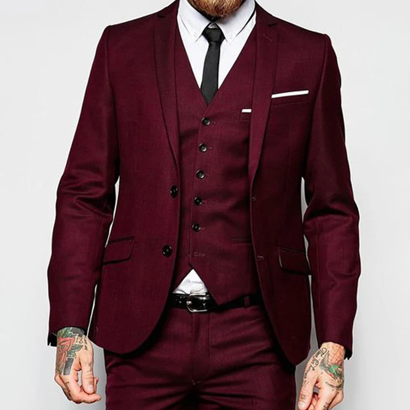 Бордовый для мужчин костюмы Slim fit выпускного вечера свадебные жениха v образный