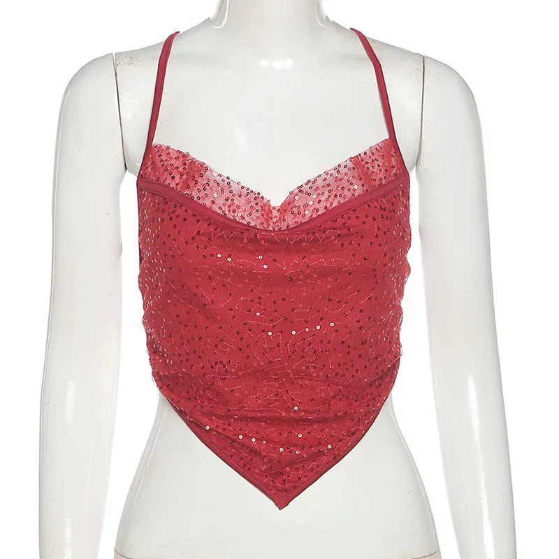 

2021 Summer Club Bustier Top Fashion Sequined Mesh Halter Crop Tops for Women Club Party Rave Festival Sexy Straps Top Cropped