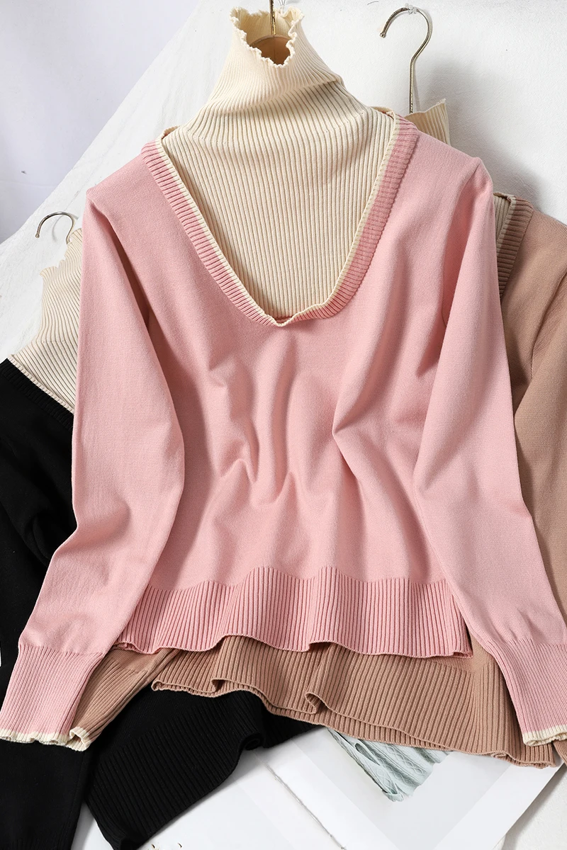 

ITOOLIN Spring Autumn Fashion Patchwork Women Blouse Long Sleeve Turtle Neck Knitted Shirt Korean Style Frau Pullover Loose