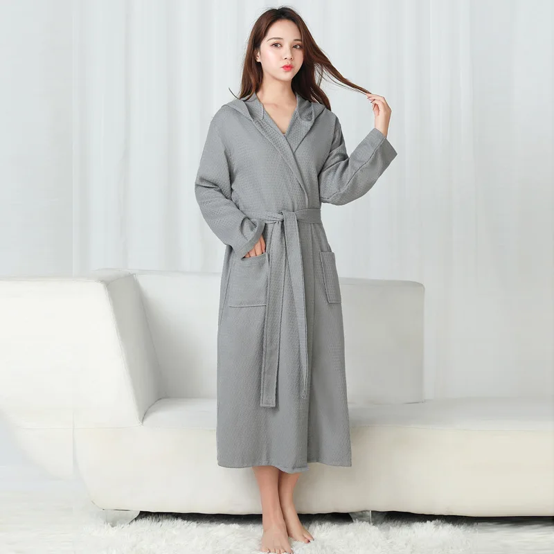 

Autumn New Waffle Sleepwear Nightgown Couple Hooded Robe Kimono Bathrobe Gown Loose Intimate Lingerie Nightdress Sexy Homewear