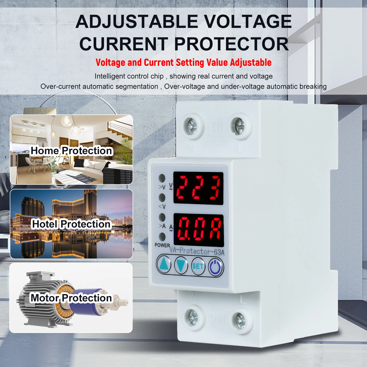 

63A 220V Din Rail Adjustable Over Voltage & Under Voltage Protective Device Protector Relay Over Current Protection LED Display