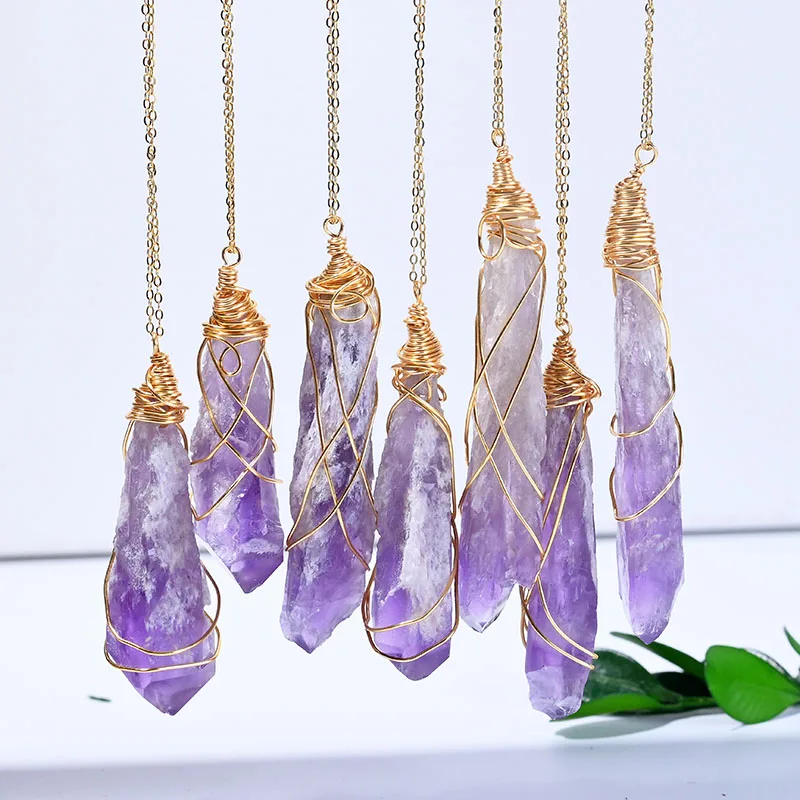 

Gold Copper Wire Wrapped Natural stones Amethyst Jewelry Pendants Women is Necklace free Shipping Healing Energy Gemstone