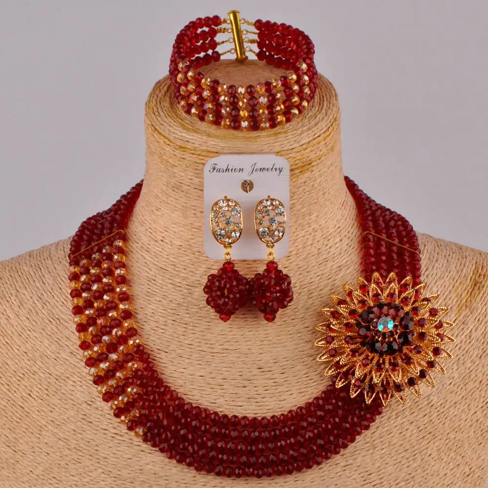 

Популярные винные Африканские свадебные бусы, ожерелье, Африканский комплект ювелирных изделий в нигерийском стиле 5JZ-11