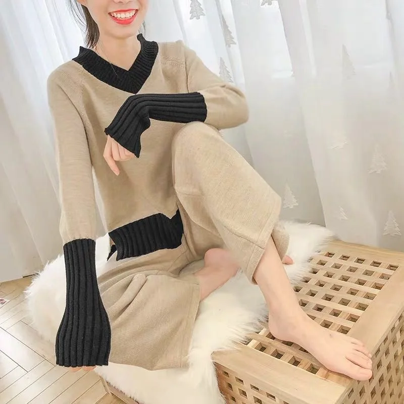 2019 Autumn And Winter Sports Suit New Sweater Women's V-neck Pullover Loose Two-piece Lace-up Pants | Женская одежда