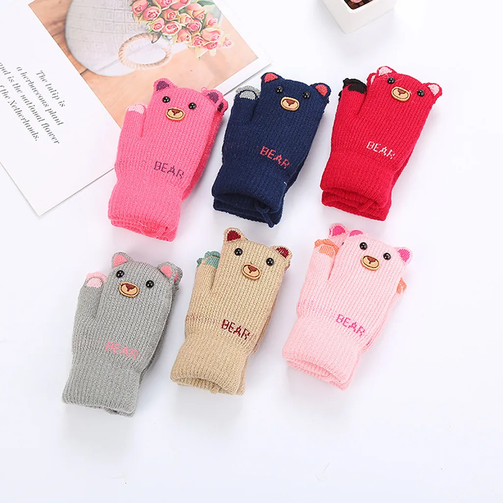 Детские зимние теплые вязаные перчатки для мальчиков и девочек с милыми