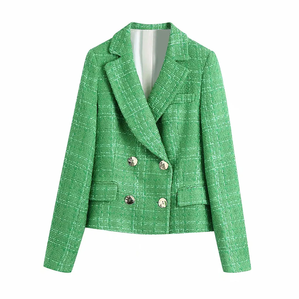 

Tide Za Women Nice Vogue Double Breasted Casual Green Tweed Blazer Coat Female Business Work Office Lady Plus Size